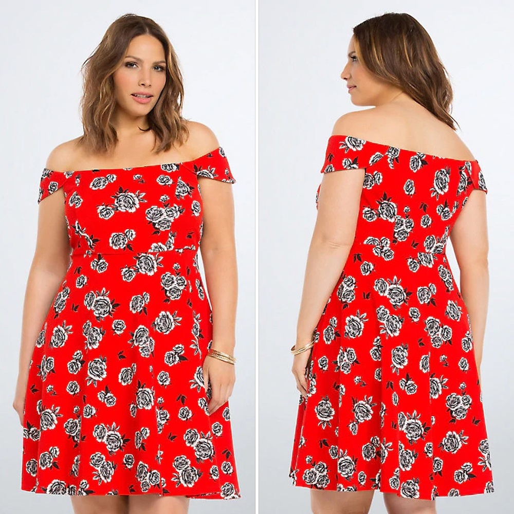 Torrid Red Floral Textured Off the Shoulder Dress